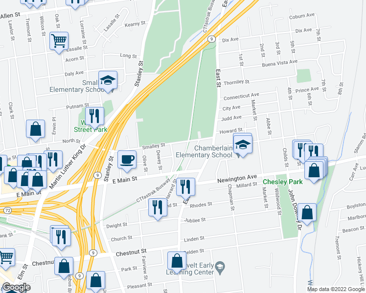 map of restaurants, bars, coffee shops, grocery stores, and more near 209 Smalley Street in New Britain