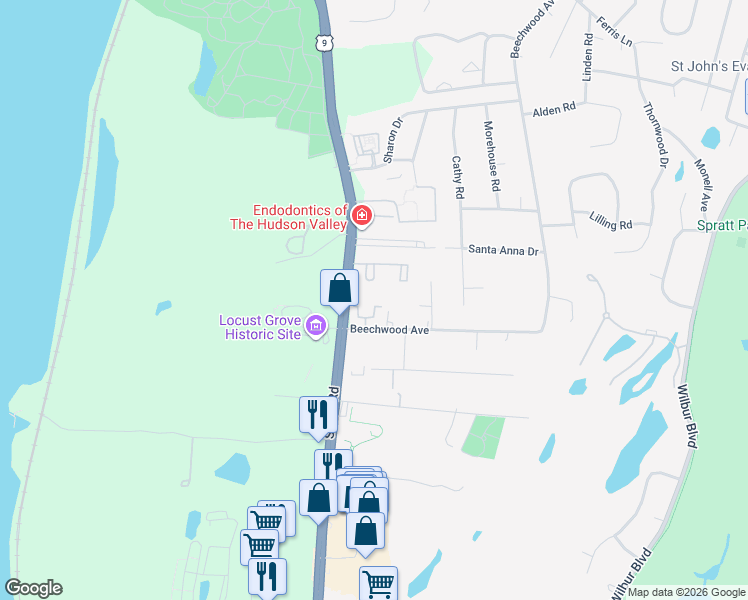 map of restaurants, bars, coffee shops, grocery stores, and more near 250 Beechwood Avenue in Poughkeepsie