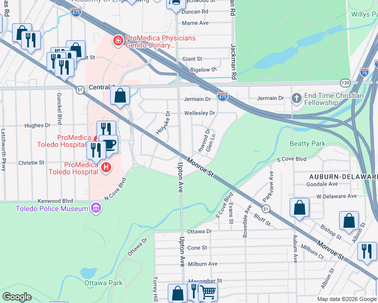 map of restaurants, bars, coffee shops, grocery stores, and more near 3700 Ohio 51 in Toledo