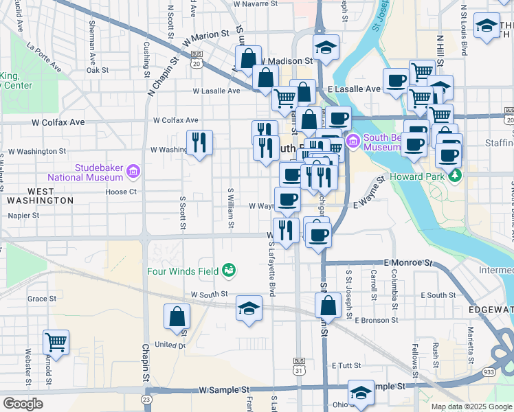 map of restaurants, bars, coffee shops, grocery stores, and more near 405 West Wayne Street in South Bend