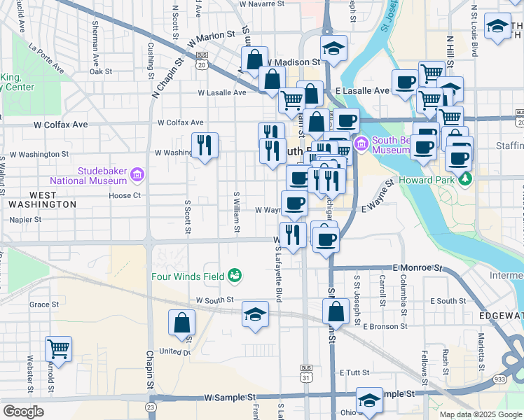 map of restaurants, bars, coffee shops, grocery stores, and more near 415 West Wayne Street in South Bend