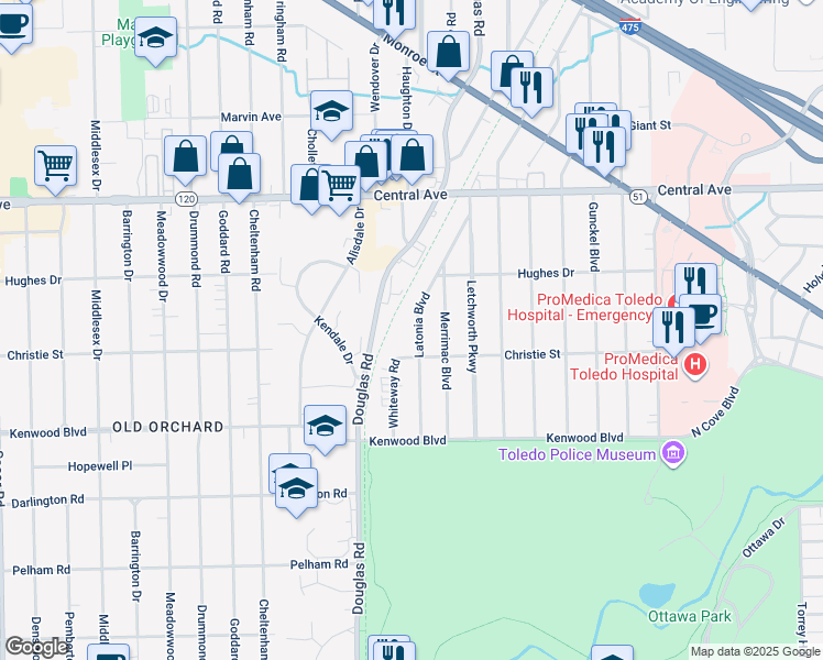 map of restaurants, bars, coffee shops, grocery stores, and more near 2727 Latonia Boulevard in Toledo