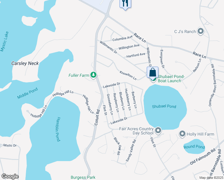 map of restaurants, bars, coffee shops, grocery stores, and more near 102 Gooseberry Lane in Barnstable