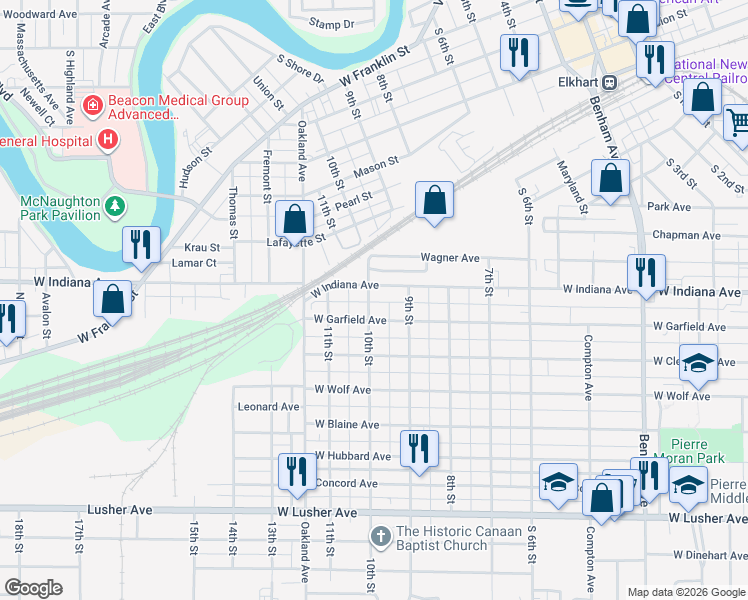 map of restaurants, bars, coffee shops, grocery stores, and more near 1514 10th Street in Elkhart