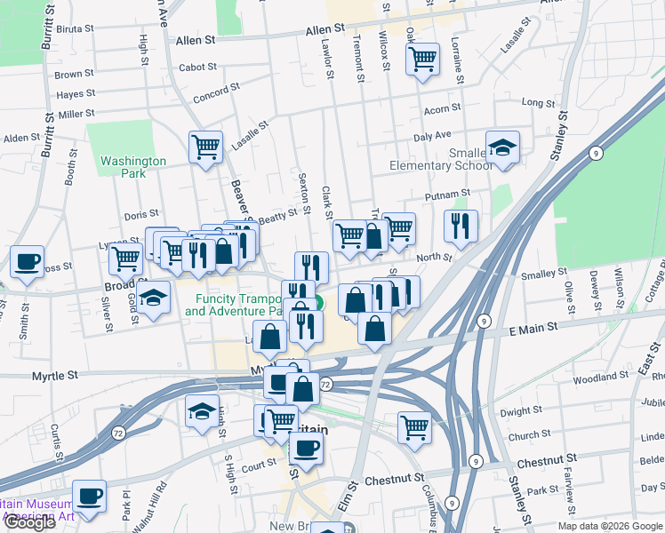 map of restaurants, bars, coffee shops, grocery stores, and more near 86 North Street in New Britain