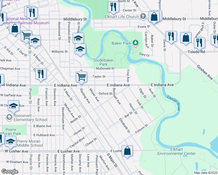 map of restaurants, bars, coffee shops, grocery stores, and more near 931 Oxford Street in Elkhart