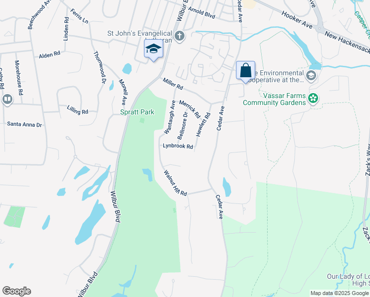 map of restaurants, bars, coffee shops, grocery stores, and more near 16 Lynbrook Road in Poughkeepsie