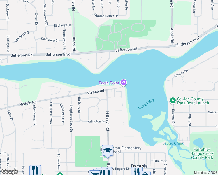 map of restaurants, bars, coffee shops, grocery stores, and more near 602 North Beech Road in Osceola