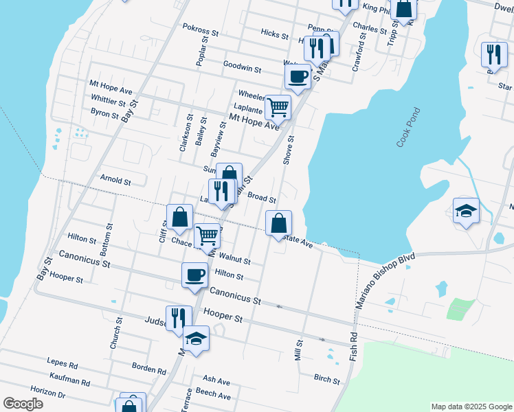 map of restaurants, bars, coffee shops, grocery stores, and more near 83 Clement Street in Fall River