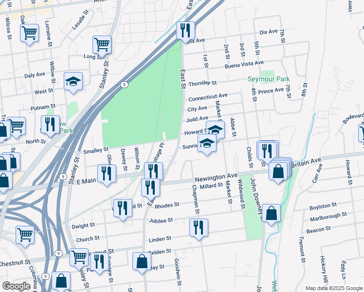 map of restaurants, bars, coffee shops, grocery stores, and more near 39 Chapman Court in New Britain