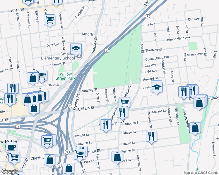 map of restaurants, bars, coffee shops, grocery stores, and more near 8 Bronson Street in New Britain