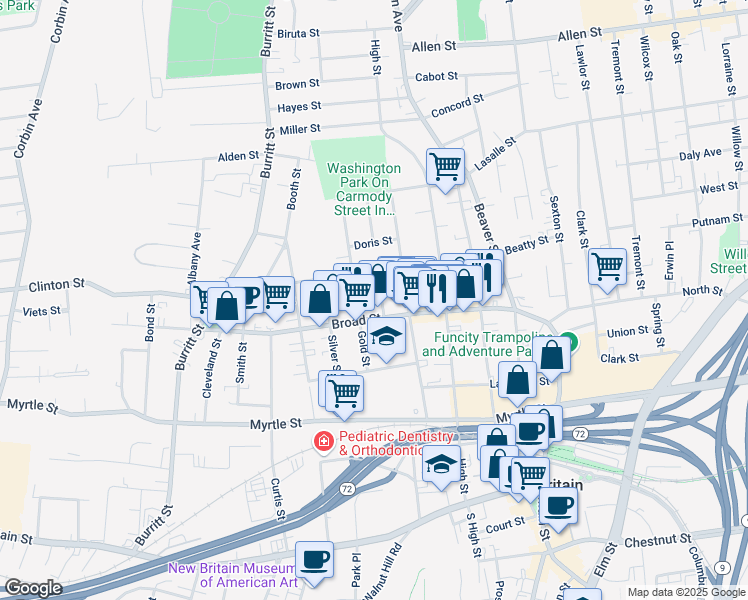 map of restaurants, bars, coffee shops, grocery stores, and more near in New Britain