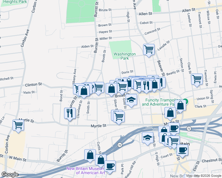 map of restaurants, bars, coffee shops, grocery stores, and more near 223 Broad Street in New Britain