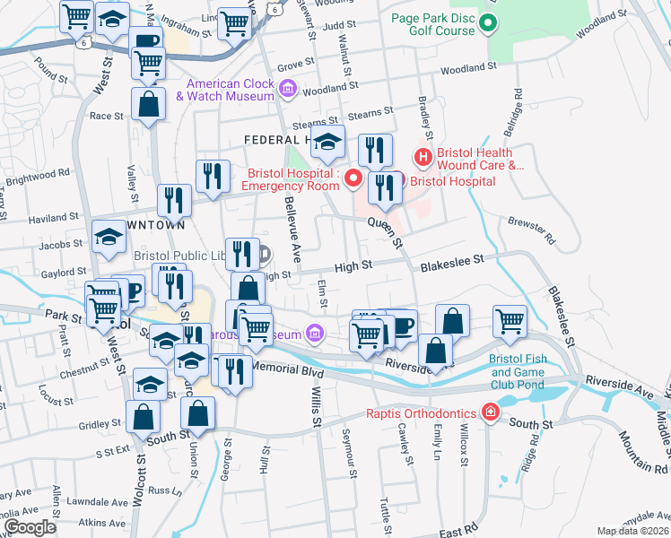 map of restaurants, bars, coffee shops, grocery stores, and more near 25 Elm Street in Bristol