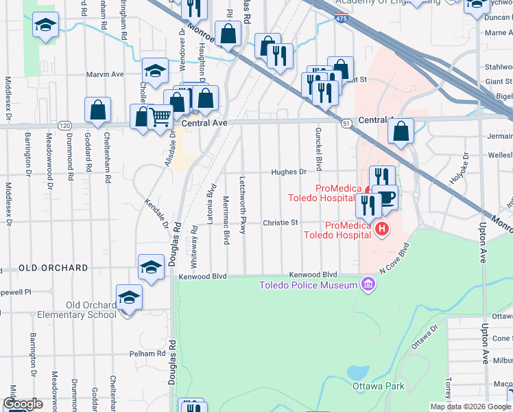 map of restaurants, bars, coffee shops, grocery stores, and more near 2704 Sherbrooke Road in Toledo