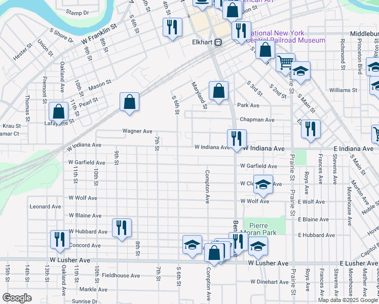 map of restaurants, bars, coffee shops, grocery stores, and more near 512 W Garfield Ave in Elkhart