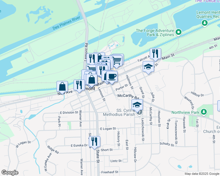 map of restaurants, bars, coffee shops, grocery stores, and more near 325 Lemont Street in Lemont