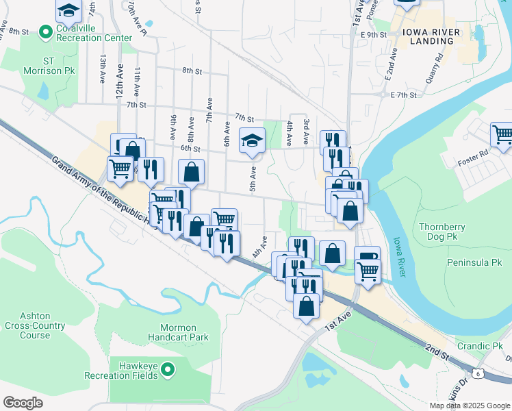 map of restaurants, bars, coffee shops, grocery stores, and more near 434 4th Avenue in Coralville