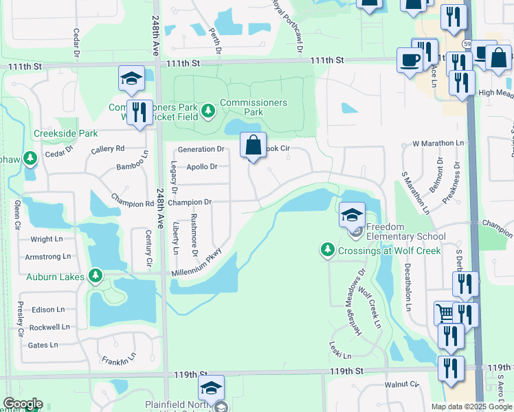 map of restaurants, bars, coffee shops, grocery stores, and more near 24521 Champion Drive in Plainfield