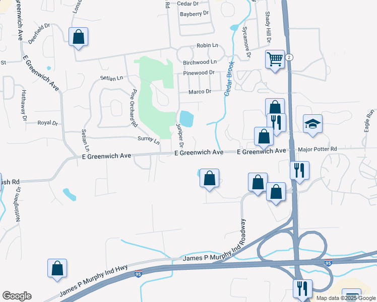 map of restaurants, bars, coffee shops, grocery stores, and more near 489 East Greenwich Avenue in West Warwick