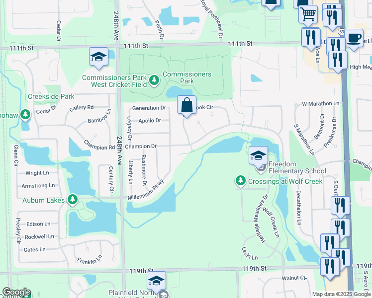 map of restaurants, bars, coffee shops, grocery stores, and more near 24521 Champion Drive in Plainfield