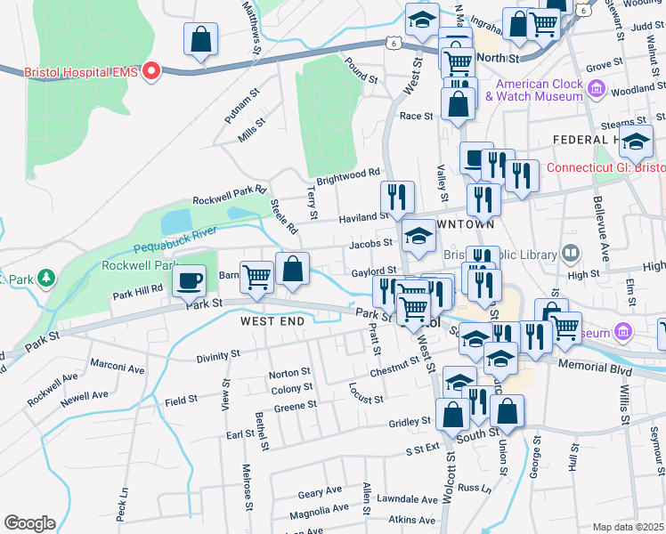 map of restaurants, bars, coffee shops, grocery stores, and more near 92 Gaylord Street in Bristol