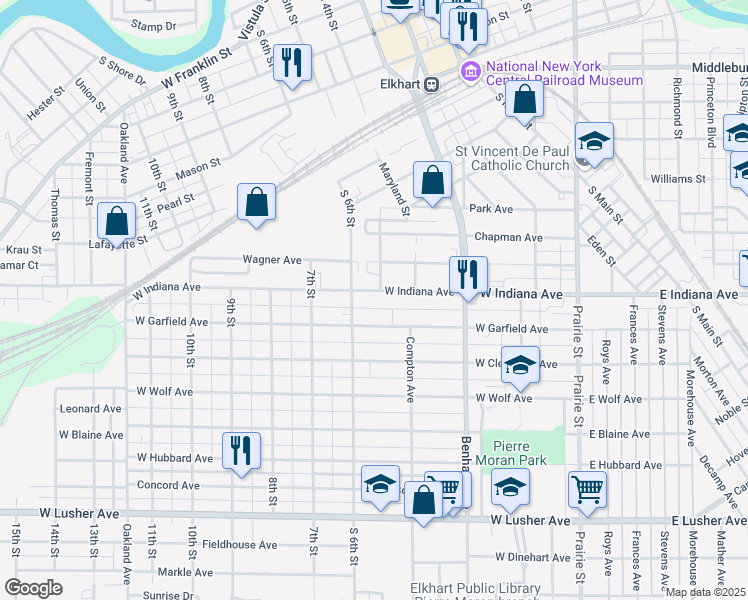 map of restaurants, bars, coffee shops, grocery stores, and more near 501 West Indiana Avenue in Elkhart