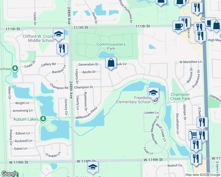 map of restaurants, bars, coffee shops, grocery stores, and more near 24521 Champion Drive in Plainfield