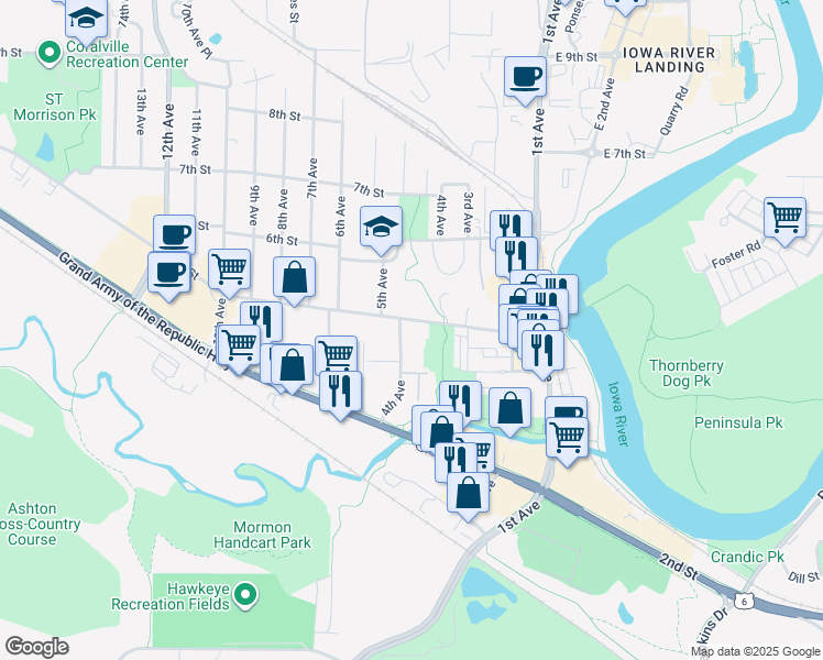 map of restaurants, bars, coffee shops, grocery stores, and more near 417 4th Avenue in Coralville