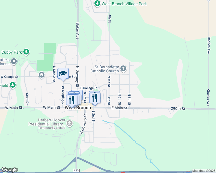 map of restaurants, bars, coffee shops, grocery stores, and more near 238 North 4th Street in West Branch