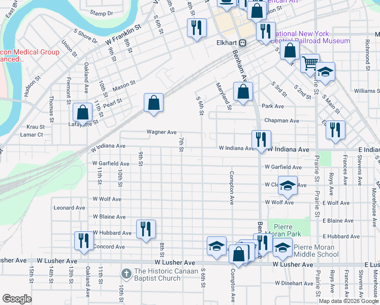 map of restaurants, bars, coffee shops, grocery stores, and more near 601 West Garfield Avenue in Elkhart