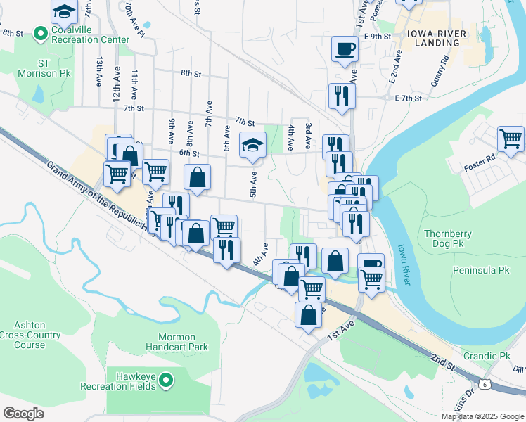 map of restaurants, bars, coffee shops, grocery stores, and more near 402 5th Street in Coralville