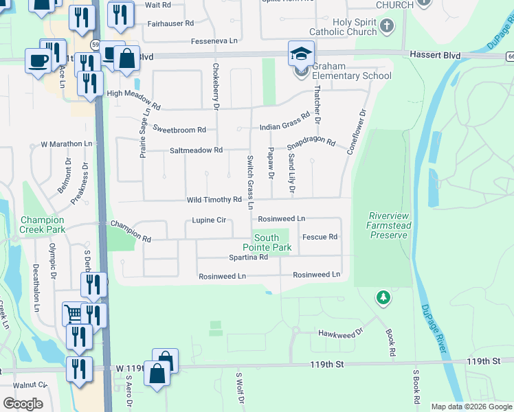 map of restaurants, bars, coffee shops, grocery stores, and more near 5331 Papaw Drive in Naperville
