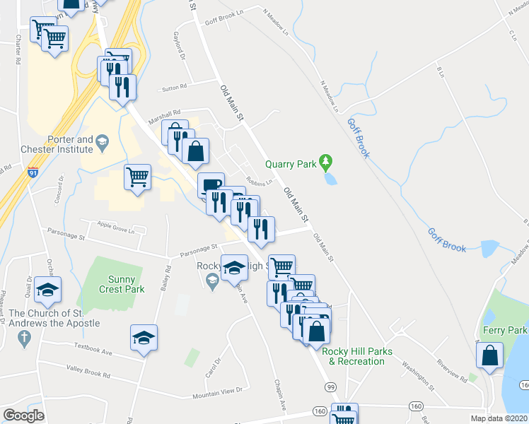 map of restaurants, bars, coffee shops, grocery stores, and more near 2 Colonial Drive in Rocky Hill