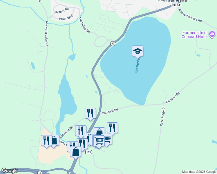 map of restaurants, bars, coffee shops, grocery stores, and more near 19 Kenny Lane in Kiamesha Lake
