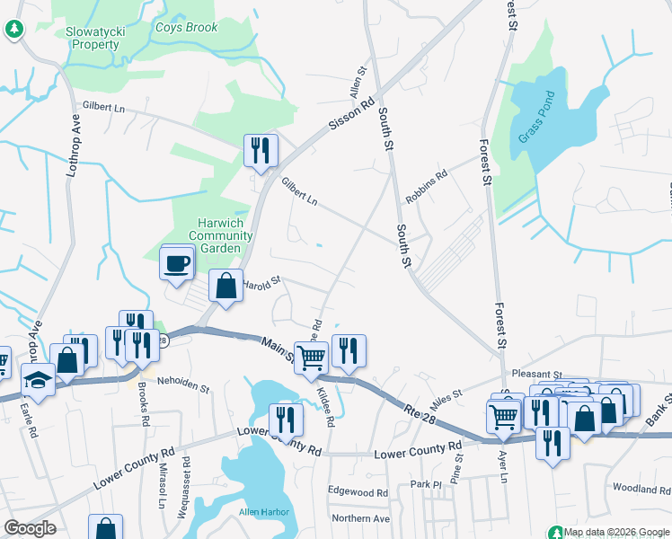 map of restaurants, bars, coffee shops, grocery stores, and more near 62 Doane Road in Harwich