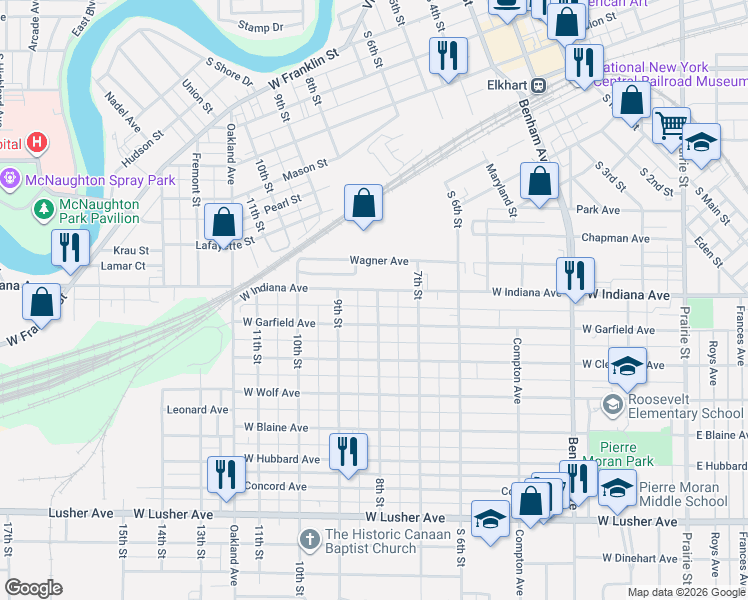 map of restaurants, bars, coffee shops, grocery stores, and more near 731 Wagner Avenue in Elkhart