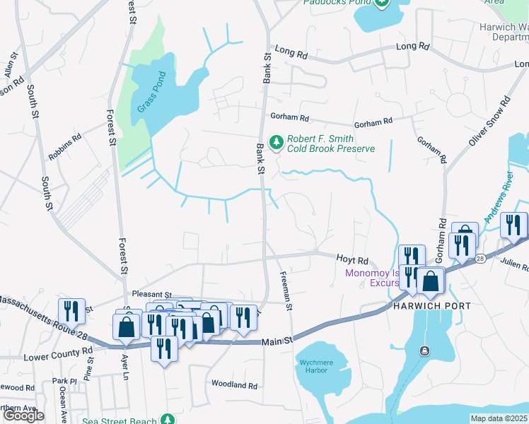 map of restaurants, bars, coffee shops, grocery stores, and more near 190 Bank Street in Harwich
