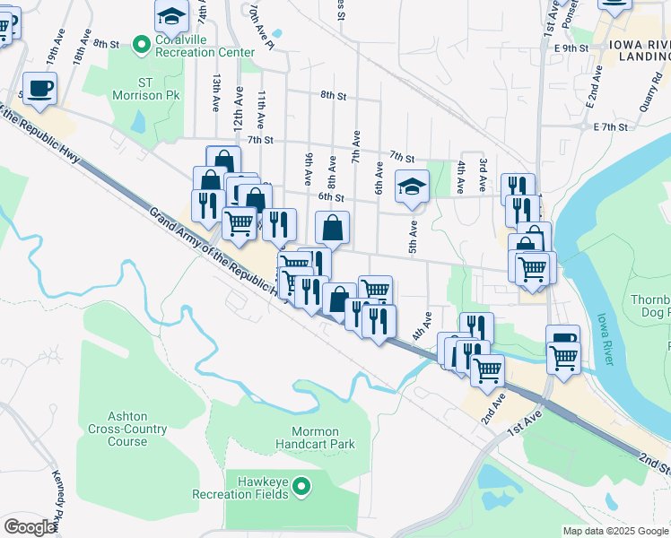 map of restaurants, bars, coffee shops, grocery stores, and more near 702 5th Street in Coralville