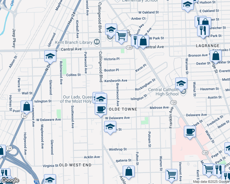 map of restaurants, bars, coffee shops, grocery stores, and more near 407 Rockingham Street in Toledo