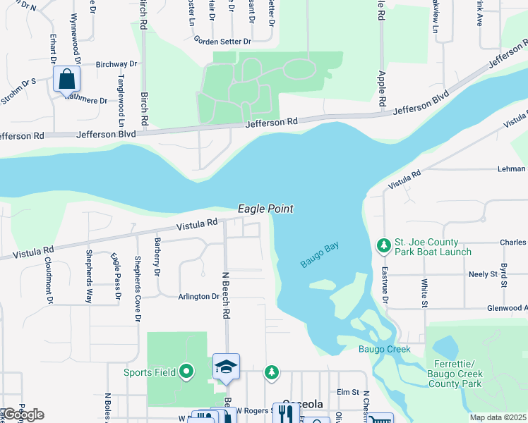 map of restaurants, bars, coffee shops, grocery stores, and more near 600 Vistula Rd in Osceola