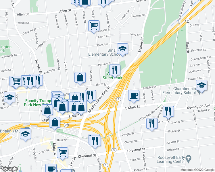 map of restaurants, bars, coffee shops, grocery stores, and more near 198 Martin Luther King Drive in New Britain