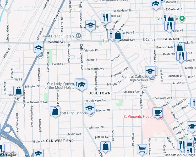 map of restaurants, bars, coffee shops, grocery stores, and more near 2716 Brentwood Avenue in Toledo