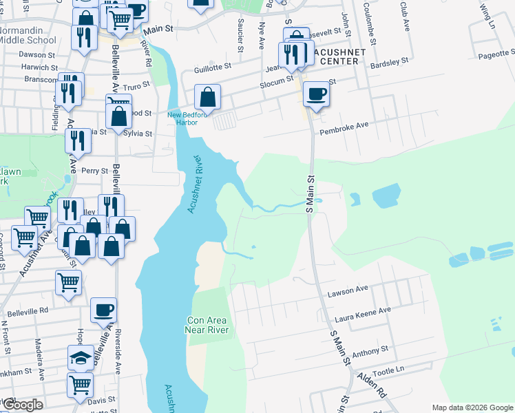 map of restaurants, bars, coffee shops, grocery stores, and more near 89 S Main St in Acushnet