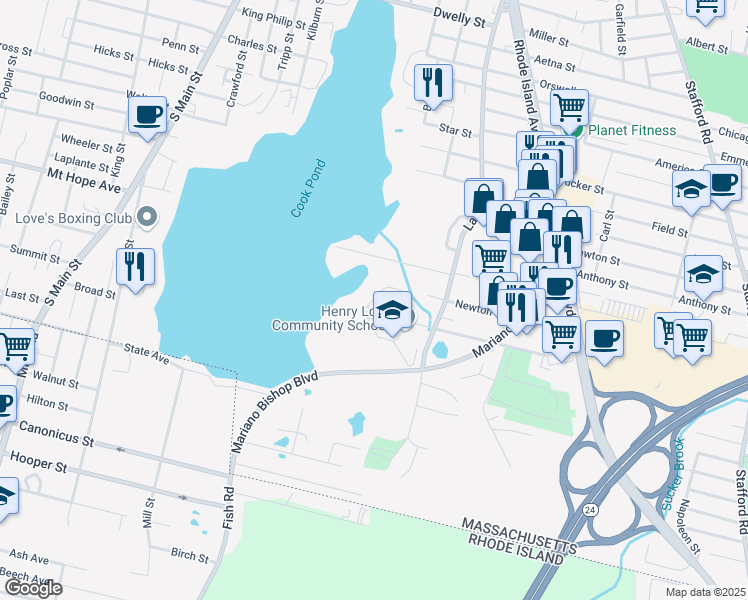 map of restaurants, bars, coffee shops, grocery stores, and more near 1-253 Henry Street in Fall River