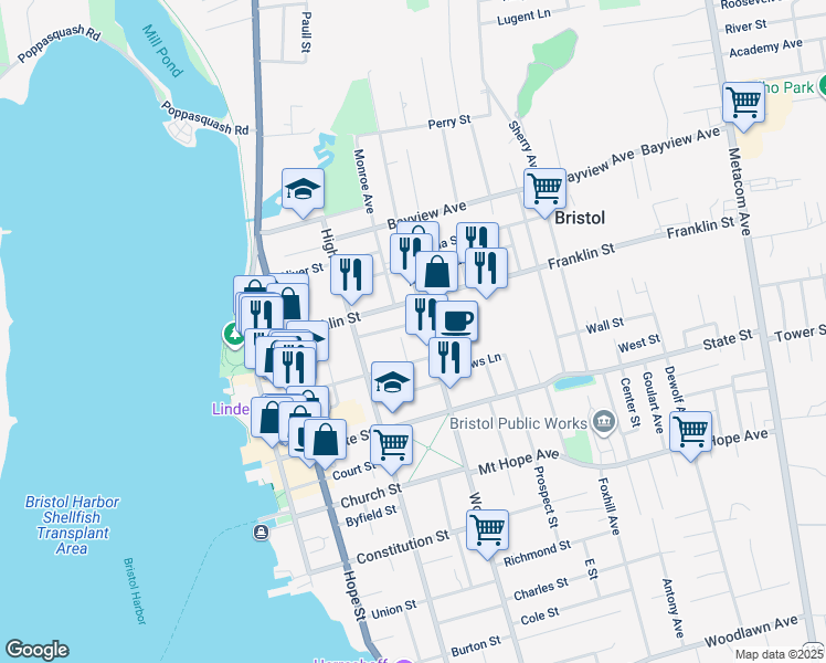 map of restaurants, bars, coffee shops, grocery stores, and more near 529 Wood Street in Bristol