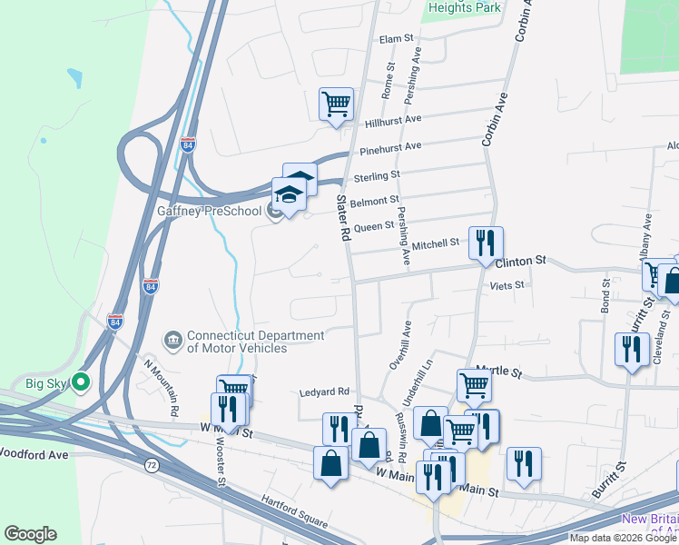 map of restaurants, bars, coffee shops, grocery stores, and more near 280 Slater Road in New Britain