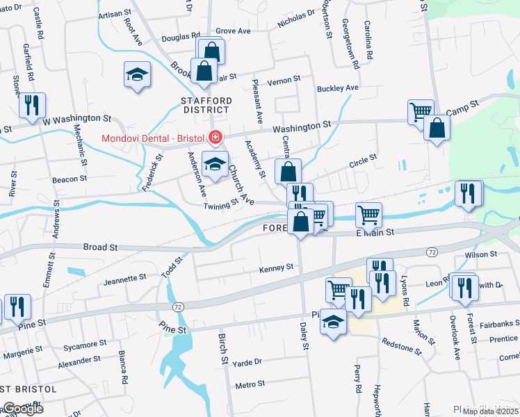 map of restaurants, bars, coffee shops, grocery stores, and more near 90 Church Avenue in Bristol