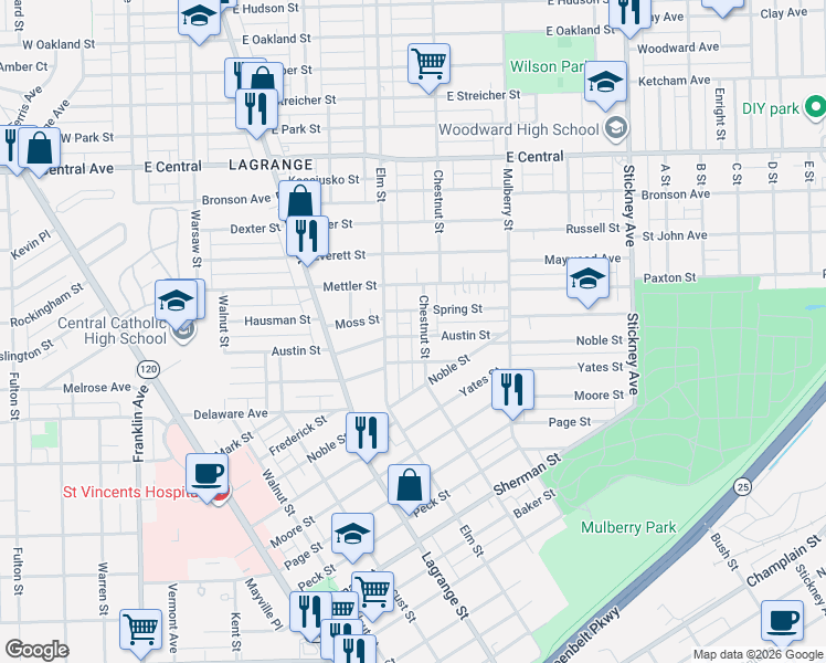 map of restaurants, bars, coffee shops, grocery stores, and more near 423 Spring Street in Toledo