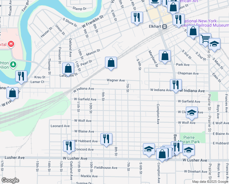 map of restaurants, bars, coffee shops, grocery stores, and more near 731 Wagner Avenue in Elkhart